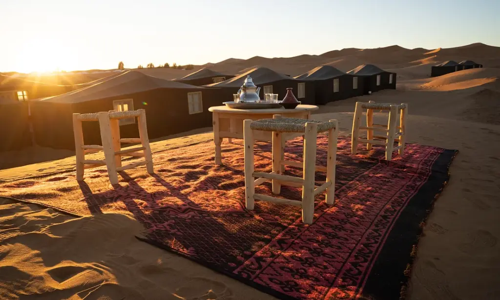 Tables and carpets set in the dunes at sunset