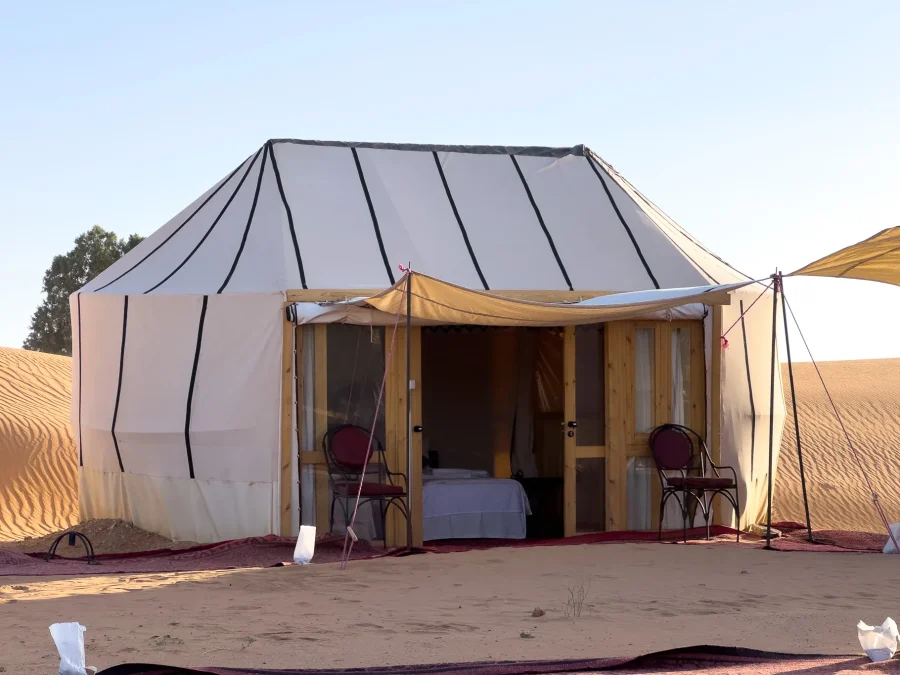 Guest tent at Ame Camp at sunrise